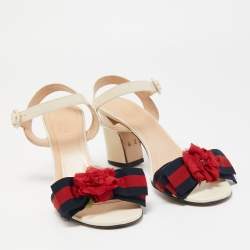 Gucci Cream Leather and Canvas Bow Flower Ankle Strap Sandals Size 38.5