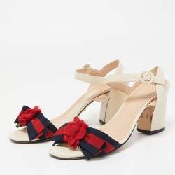 Gucci Cream Leather and Canvas Bow Flower Ankle Strap Sandals Size 38.5