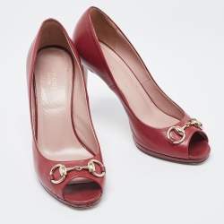 Gucci Burgundy Leather Jolene Peep Toe Pumps Size 37.5