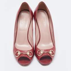 Gucci Burgundy Leather Jolene Peep Toe Pumps Size 37.5