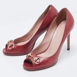 Gucci Burgundy Leather Jolene Peep Toe Pumps Size 37.5