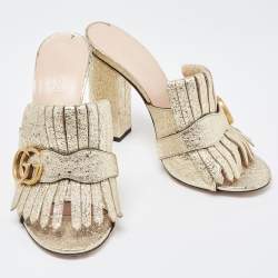 Gucci Metallic Gold Texture Leather Double G Logo Suede Slides Size 37