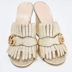 Gucci Metallic Gold Texture Leather Double G Logo Suede Slides Size 37