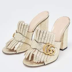 Gucci Metallic Gold Texture Leather Double G Logo Suede Slides Size 37