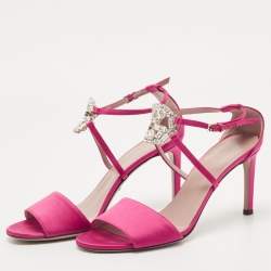 Pre Owned Gucci Pink Satin Crystal Embellished Ankle Strap Sandals Size 38