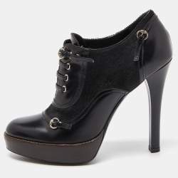 Pre Owned Gucci Black Leather and Calf Hair Buckle Detail Platform Ankle Booties Size 38.5
