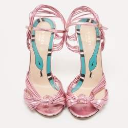 Gucci Metallic Pink Leather Allie Ankle Strap Sandals Size 39