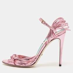 Gucci Metallic Pink Leather Allie Ankle Strap Sandals Size 39