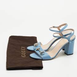 Gucci Blue Leather Horsebit Block Heel Ankle Strap Sandals Size 39