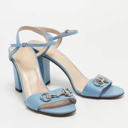 Gucci Blue Leather Horsebit Block Heel Ankle Strap Sandals Size 39
