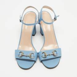 Gucci Blue Leather Horsebit Block Heel Ankle Strap Sandals Size 39