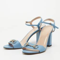 Gucci Blue Leather Horsebit Block Heel Ankle Strap Sandals Size 39