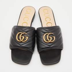 Gucci Black Leather Jolie G Logo Slides Size 38.5 