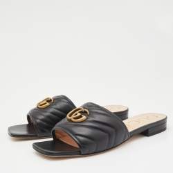 Gucci Black Leather Jolie G Logo Slides Size 38.5 