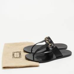 Pre Owned Gucci Black Leather Horsebit Thong Flats Size 36.5