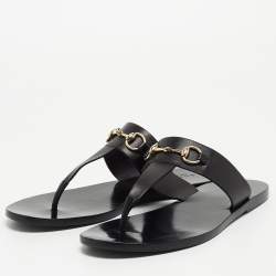 Pre Owned Gucci Black Leather Horsebit Thong Flats Size 36.5