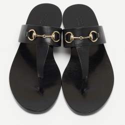 Pre Owned Gucci Black Leather Horsebit Thong Flats Size 36.5