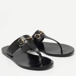 Pre Owned Gucci Black Leather Horsebit Thong Flats Size 36.5