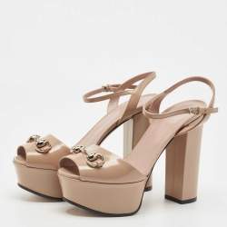 Gucci Beige Leather Claudie Horsebit Peep Toe Platform Sandals Size 35.5