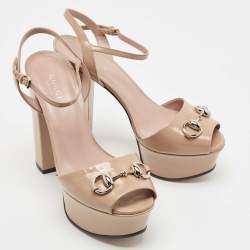 Gucci Beige Leather Claudie Horsebit Peep Toe Platform Sandals Size 35.5