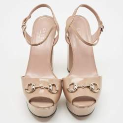 Gucci Beige Leather Claudie Horsebit Peep Toe Platform Sandals Size 35.5