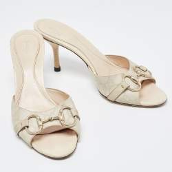 Pre Owned Gucci Cream Leather Hollywood Horsebit Slides Size 38.5