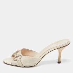 Pre Owned Gucci Cream Leather Hollywood Horsebit Slides Size 38.5