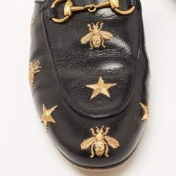 Pre Owned Gucci Black Leather Star and Bee Embroidered Princetown Mules Size 36.5