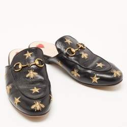 Pre Owned Gucci Black Leather Star and Bee Embroidered Princetown Mules Size 36.5