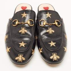 Pre Owned Gucci Black Leather Star and Bee Embroidered Princetown Mules Size 36.5