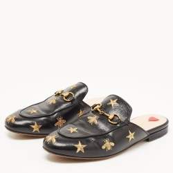 Pre Owned Gucci Black Leather Star and Bee Embroidered Princetown Mules Size 36.5