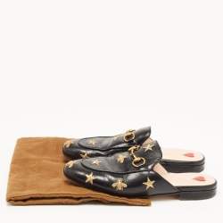 Pre Owned Gucci Black Leather Star and Bee Embroidered Princetown Mules Size 36.5