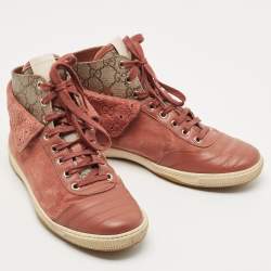 Gucci Pink Leather and Suede High Top Sneakers Size 38