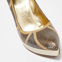 مملوكة مسبقًا Gucci Grey Snakeskin and Crocodile Leather Platform  Pumps Size 38.5
