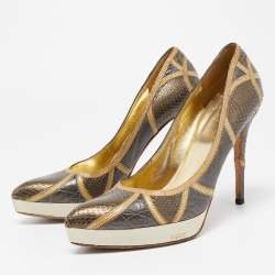 مملوكة مسبقًا Gucci Grey Snakeskin and Crocodile Leather Platform  Pumps Size 38.5