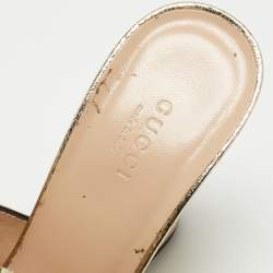 Gucci Gold Texture Leather Double G Logo Slide Sandals Size 39  