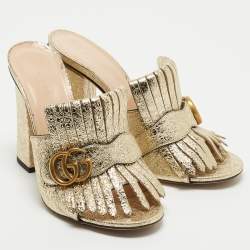Gucci Gold Texture Leather Double G Logo Slide Sandals Size 39  