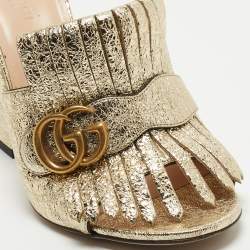 Gucci Gold Texture Leather Double G Logo Slide Sandals Size 39  