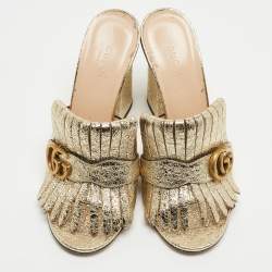 Gucci Gold Texture Leather Double G Logo Slide Sandals Size 39  