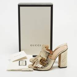 Gucci Gold Texture Leather Double G Logo Slide Sandals Size 39  