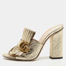 Gucci Gold Texture Leather Double G Logo Slide Sandals Size 39  