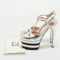 Gucci Silver Leather Angel Platform Ankle Strap Sandals Size 41