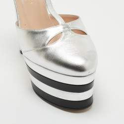 Gucci Silver Leather Angel Platform Ankle Strap Sandals Size 41