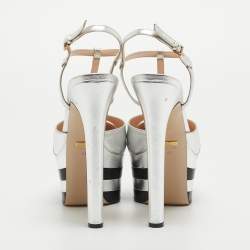 Gucci Silver Leather Angel Platform Ankle Strap Sandals Size 41