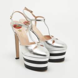 Gucci Silver Leather Angel Platform Ankle Strap Sandals Size 41