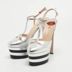 Gucci Silver Leather Angel Platform Ankle Strap Sandals Size 41
