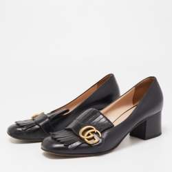 Gucci Black Leather Double G Block Heel Pumps Size 39.5