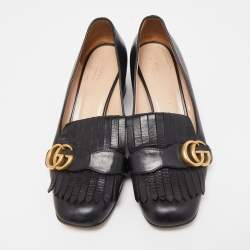 Gucci Black Leather Double G Block Heel Pumps Size 39.5