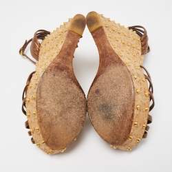 Pre Owned Gucci Metallic Leather Studded Cork Wedge Platform Strappy Sandals Size 38