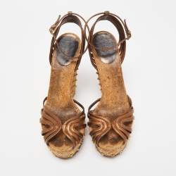 Pre Owned Gucci Metallic Leather Studded Cork Wedge Platform Strappy Sandals Size 38